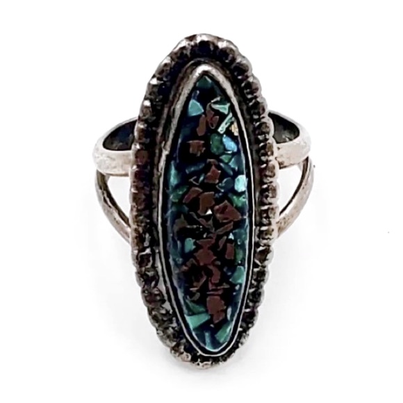 Signed - Pete Morgan, Navajo. Vntg Crushed Turquoise Coral Sterling Silver Ring - Picture 3 of 8